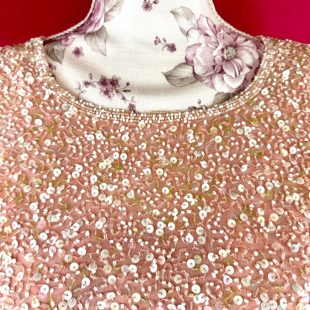 Pink Sequin Date Night Top Vintage Scala Silk Beaded Romantic Valentine Large - Picture 8 of 17